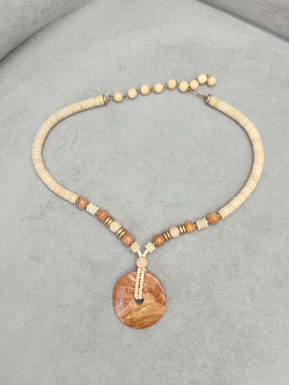 Statement Necklace 24" Cream Brown Beaded Boho Southwestern Ethnic Folk Art